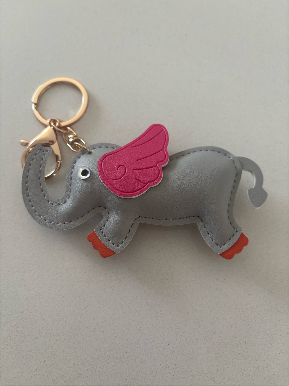 Gray Elephant Keychain or Bag Charm with Pink Wing and Orange Feet